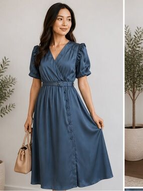 Kate Spade Blue Midi Dress Size 0 Belted Puff Sleeve Wrap Style A-Line